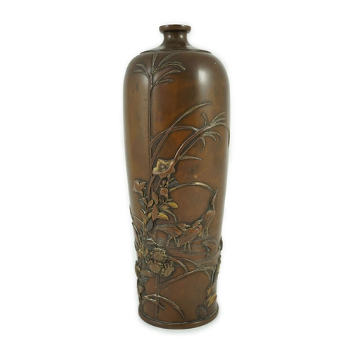 135 - A Japanese mixed metal vase, by Miyabe Atsuyoshi, Meiji period, of Meiping form, decorated in high r... 