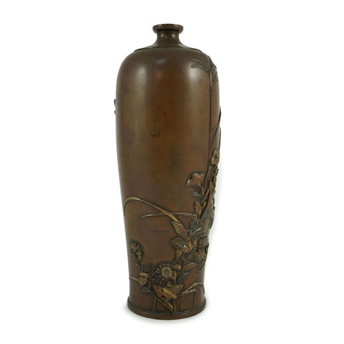 135 - A Japanese mixed metal vase, by Miyabe Atsuyoshi, Meiji period, of Meiping form, decorated in high r... 