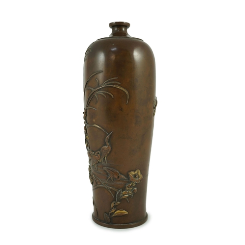 135 - A Japanese mixed metal vase, by Miyabe Atsuyoshi, Meiji period, of Meiping form, decorated in high r... 