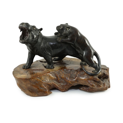 138 - A rare Japanese bronze okimono of a tiger attacking a hippopotamus, Meiji period, each figure with g... 