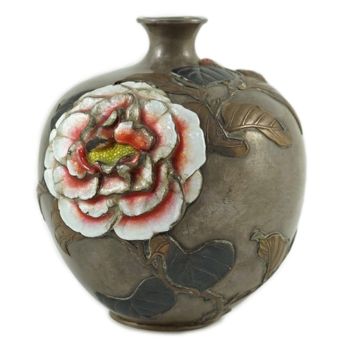 139 - A Japanese silver, enamel and mixed metal vase, Meiji period, decorated with a peony branch in mixed... 