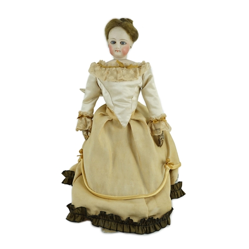 14 - An S.G. bisque shoulder head French fashion doll c.1875, cork pate mohair wig attached, swivel neck,... 