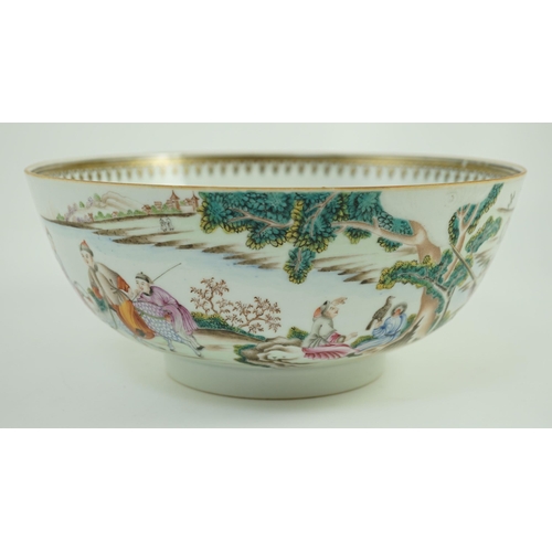 141 - A Chinese export famille rose fencai Imperial Hunt punch bowl, Qianlong period, finely painted wit... 