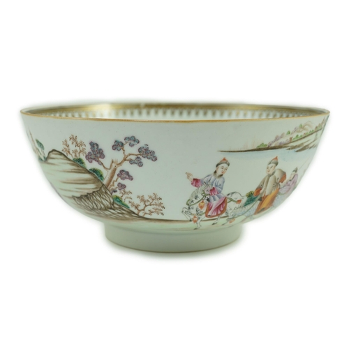 141 - A Chinese export famille rose fencai Imperial Hunt punch bowl, Qianlong period, finely painted wit... 