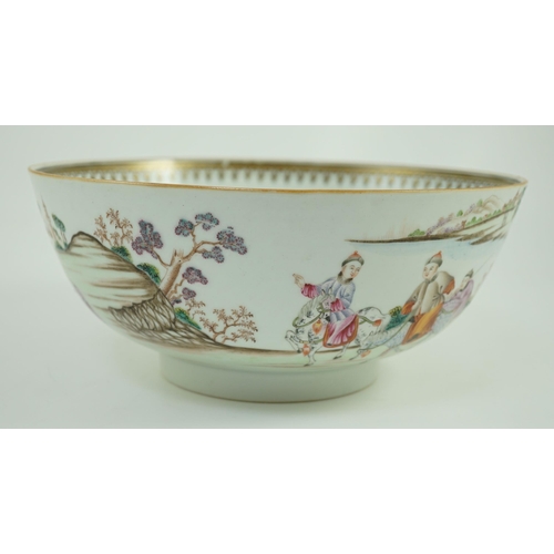 141 - A Chinese export famille rose fencai Imperial Hunt punch bowl, Qianlong period, finely painted wit... 