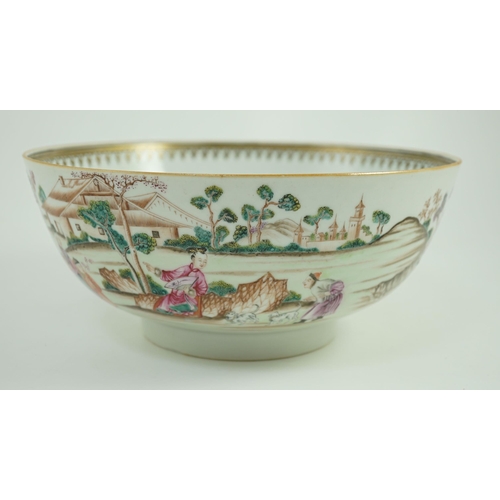 141 - A Chinese export famille rose fencai Imperial Hunt punch bowl, Qianlong period, finely painted wit... 