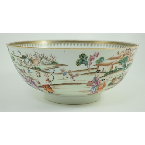 141 - A Chinese export famille rose fencai Imperial Hunt punch bowl, Qianlong period, finely painted wit... 