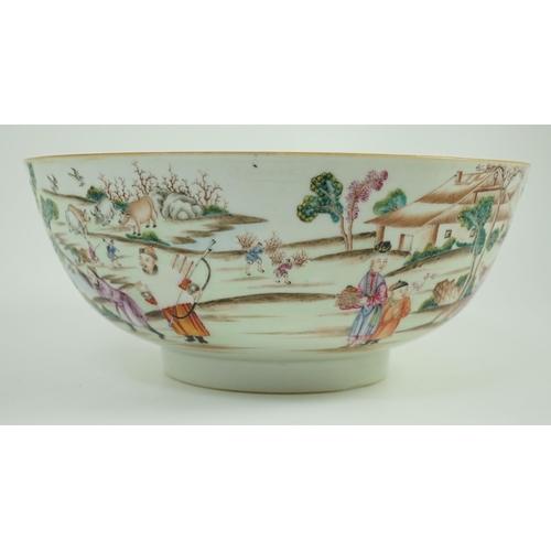 141 - A Chinese export famille rose fencai Imperial Hunt punch bowl, Qianlong period, finely painted wit... 