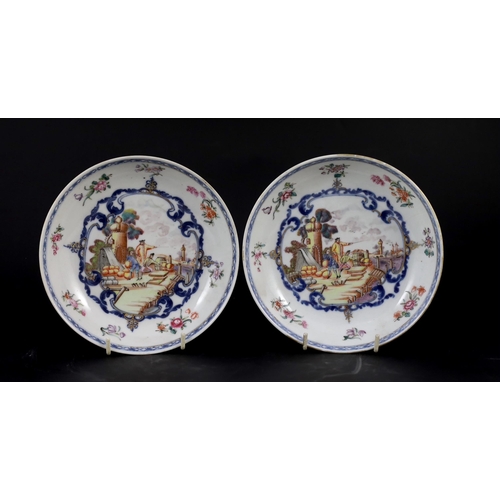 142 - A pair of Chinese export European subject saucer dishes, Qianlong period, each painted with European... 