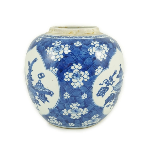 144 - A Chinese blue and white Hundred Antiques ovoid jar, Kangxi period, painted with antiques and ausp... 