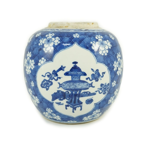 144 - A Chinese blue and white Hundred Antiques ovoid jar, Kangxi period, painted with antiques and ausp... 