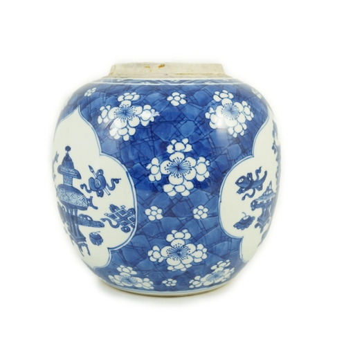 144 - A Chinese blue and white Hundred Antiques ovoid jar, Kangxi period, painted with antiques and ausp... 