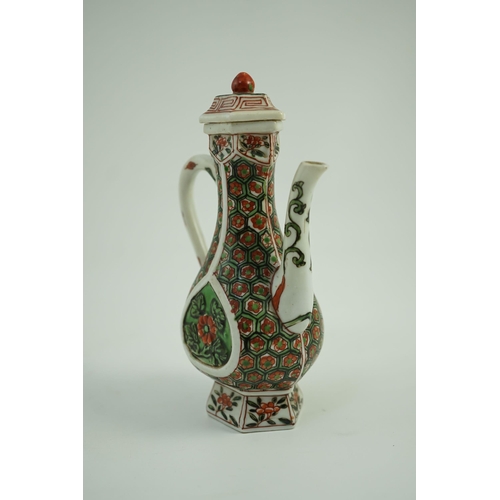 145 - A Chinese famille verte small ewer and cover, Kangxi period, of pear shape each side decorated with ... 