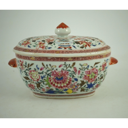 147 - A Chinese export famille rose small tureen and cover, Qianlong period, the cover painted with vessel... 