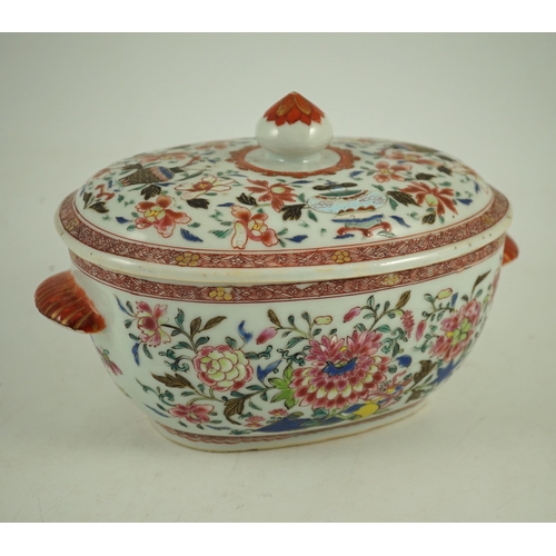 147 - A Chinese export famille rose small tureen and cover, Qianlong period, the cover painted with vessel... 