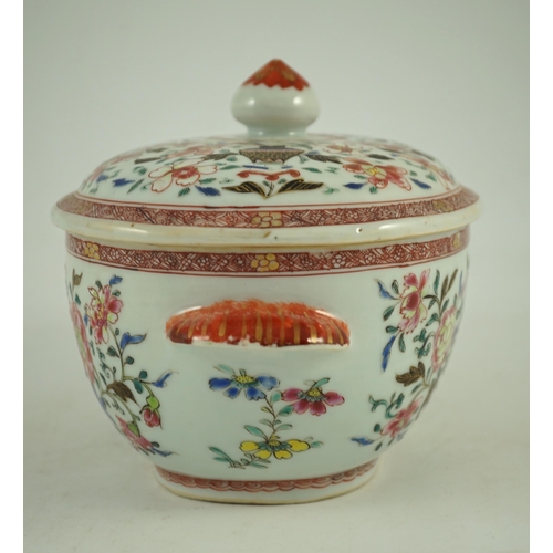 147 - A Chinese export famille rose small tureen and cover, Qianlong period, the cover painted with vessel... 