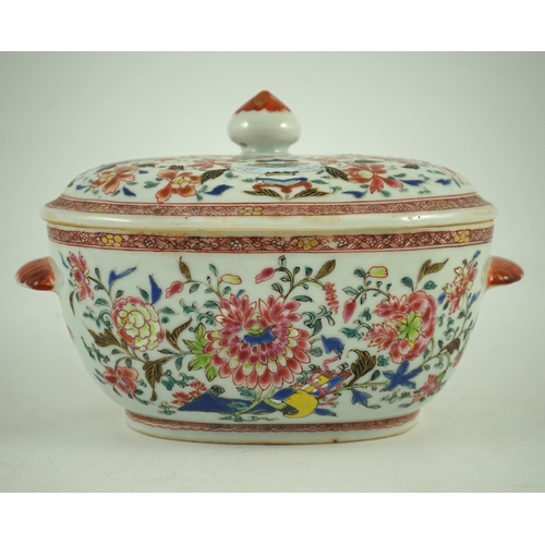 147 - A Chinese export famille rose small tureen and cover, Qianlong period, the cover painted with vessel... 