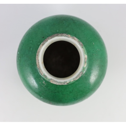 151 - A Chinese green glazed ovoid jar, 18th/19th century on a ring shaped unglazed foot, 21.5cm high... 