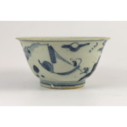 152 - A Chinese Transitional inscribed blue and white bowl, mid 17th century, the exterior painted with bo... 