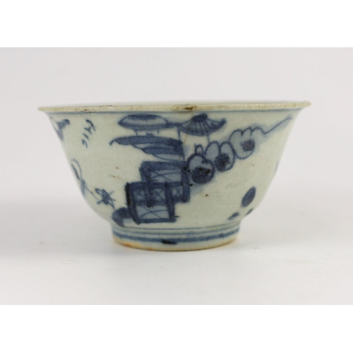 152 - A Chinese Transitional inscribed blue and white bowl, mid 17th century, the exterior painted with bo... 