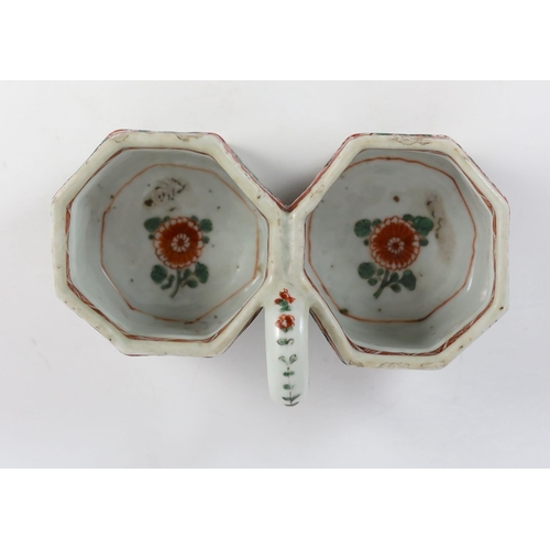 154 - An unusual Chinese famille verte double bottle holder, Kangxi period, painted to the twin octagonal ... 