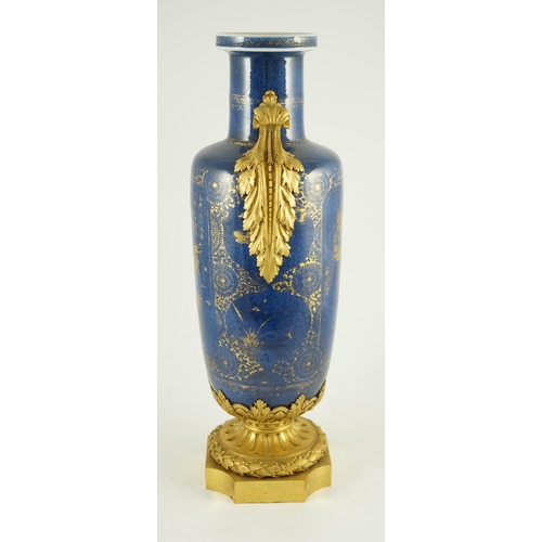 155 - A Chinese gilt-decorated powder blue rouleau vase, Kangxi period, with French ormolu mounts, each si... 