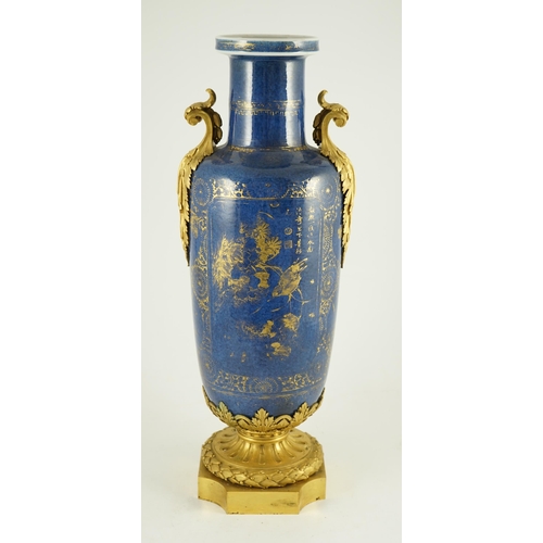 155 - A Chinese gilt-decorated powder blue rouleau vase, Kangxi period, with French ormolu mounts, each si... 