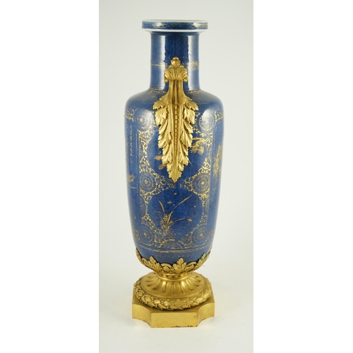 155 - A Chinese gilt-decorated powder blue rouleau vase, Kangxi period, with French ormolu mounts, each si... 