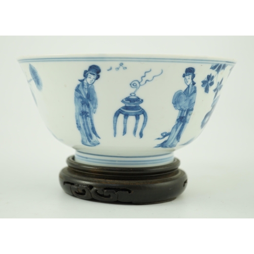 160 - A Chinese blue and white ladies bowl, Kangxi period, the interior painted with a seated lady and t... 