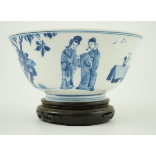 160 - A Chinese blue and white ladies bowl, Kangxi period, the interior painted with a seated lady and t... 