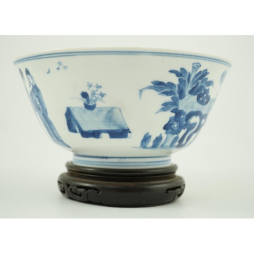 160 - A Chinese blue and white ladies bowl, Kangxi period, the interior painted with a seated lady and t... 