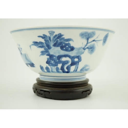 160 - A Chinese blue and white ladies bowl, Kangxi period, the interior painted with a seated lady and t... 