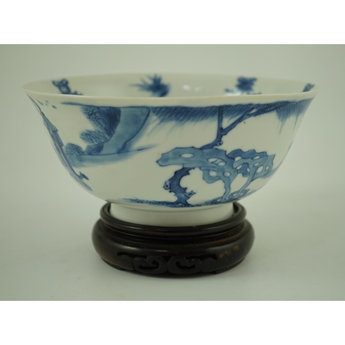 161 - A Chinese blue and white ladies bowl, Kangxi period, the interior painted with a lady seated on ro... 