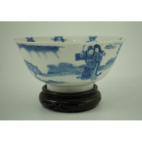 161 - A Chinese blue and white ladies bowl, Kangxi period, the interior painted with a lady seated on ro... 