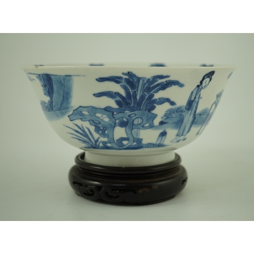 161 - A Chinese blue and white ladies bowl, Kangxi period, the interior painted with a lady seated on ro... 