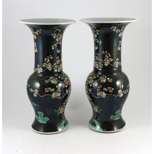 165 - A pair of large Chinese famille noire yen-yen vases, six character Kangxi marks but 19th century, ea... 