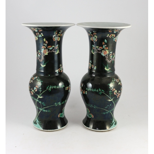 165 - A pair of large Chinese famille noire yen-yen vases, six character Kangxi marks but 19th century, ea... 