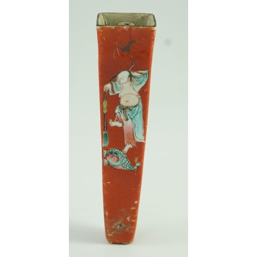 166 - A Chinese coral ground incense stick holder, Jiaqing period painted with Liu Hai and his three legge... 