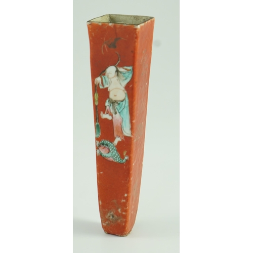 166 - A Chinese coral ground incense stick holder, Jiaqing period painted with Liu Hai and his three legge... 