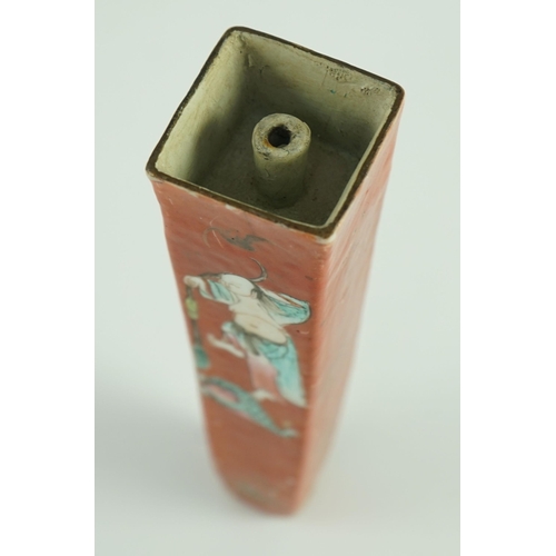 166 - A Chinese coral ground incense stick holder, Jiaqing period painted with Liu Hai and his three legge... 