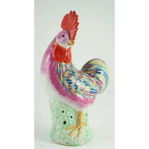 169 - A Chinese enamelled porcelain model of a rooster, Jiaqing period, 29cm high, restoration