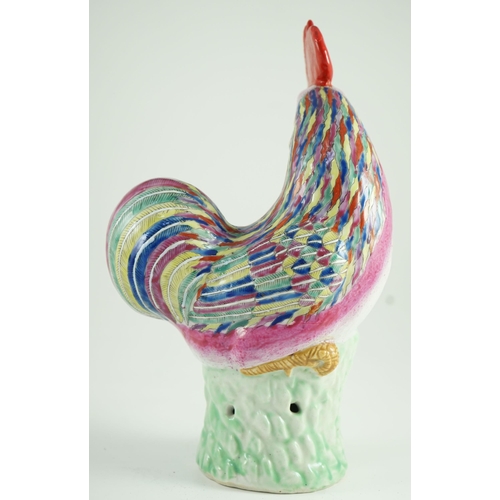 169 - A Chinese enamelled porcelain model of a rooster, Jiaqing period, 29cm high, restoration