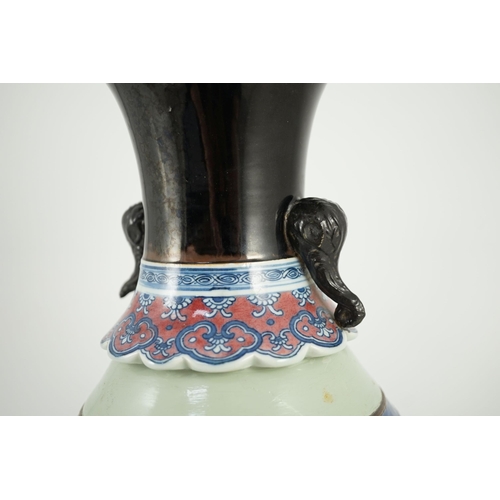 175 - A Chinese underglaze blue and copper red vase, Xuande mark, 19th century, the brown glazed neck appl... 