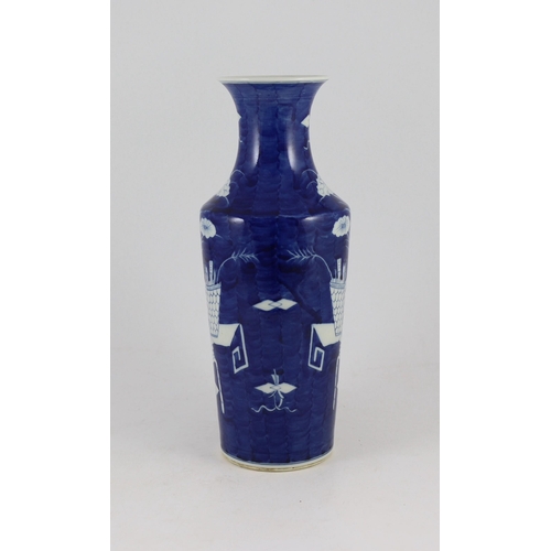 180 - A Chinese blue and white 'Antiques' vase, early 20th century, painted with vessels and furniture on ... 