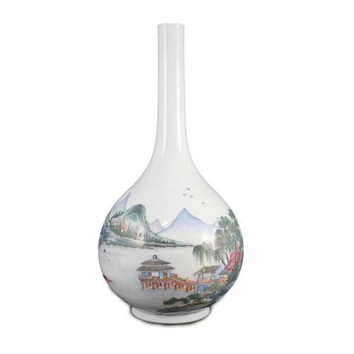 182 - A Chinese enamelled porcelain landscape bottle vase, Republic period, finely painted with figures ... 