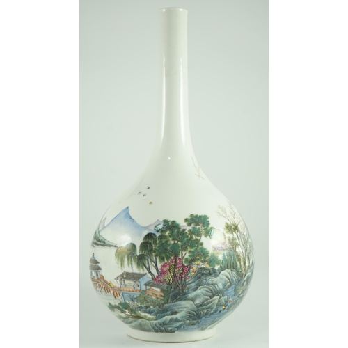 182 - A Chinese enamelled porcelain landscape bottle vase, Republic period, finely painted with figures ... 