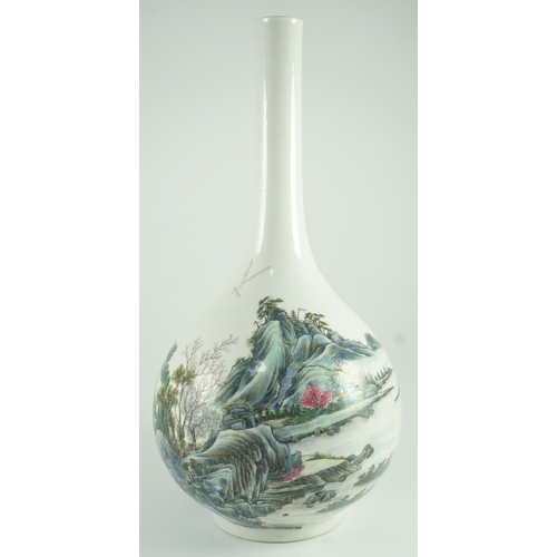 182 - A Chinese enamelled porcelain landscape bottle vase, Republic period, finely painted with figures ... 