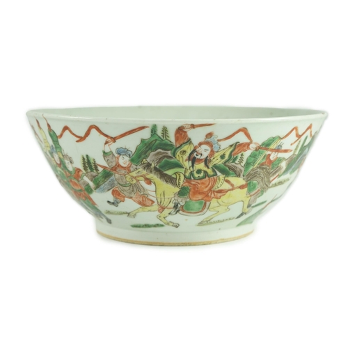 183 - A Chinese famille verte warriors bowl, 19th century, The exterior painted with a battle scene with... 