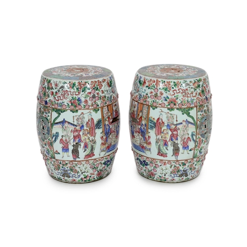 184 - A pair of Chinese famille rose barrel garden seats, late 19th century each painted to rectangular re... 