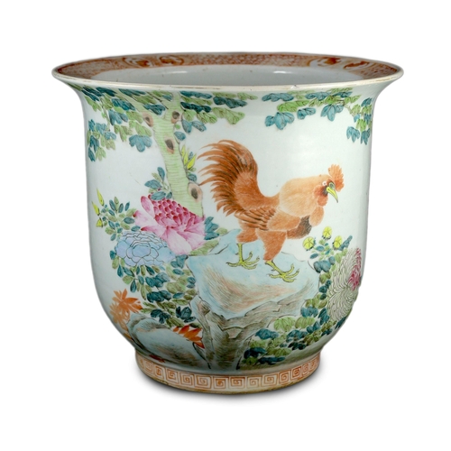 188 - A large Chinese famille rose 'chicken' flower pot, early 20th century, painted with a Cockrell and a... 